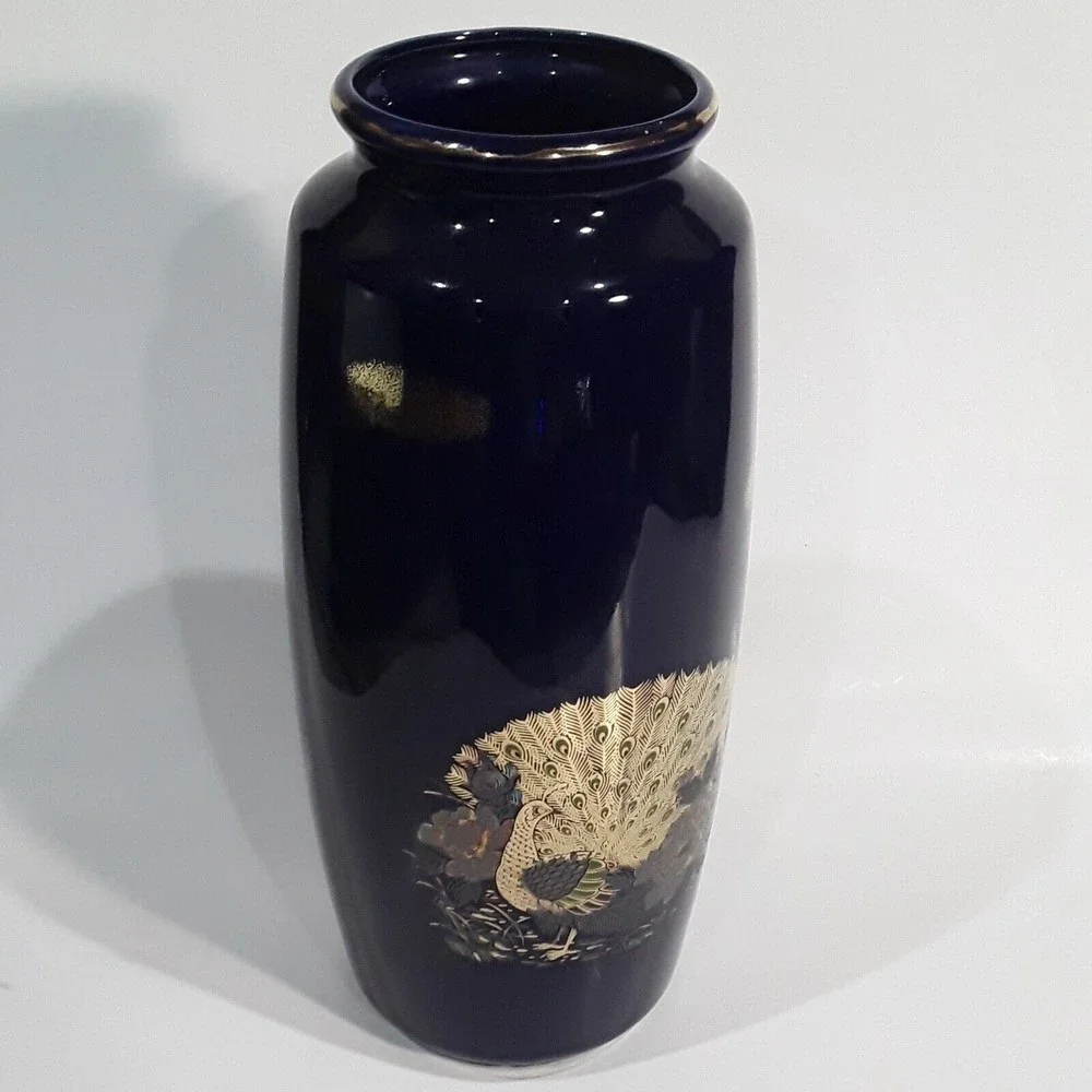 Vintage Blue Vase, Double Peacock, Gold trim. Japan 10 inches tall